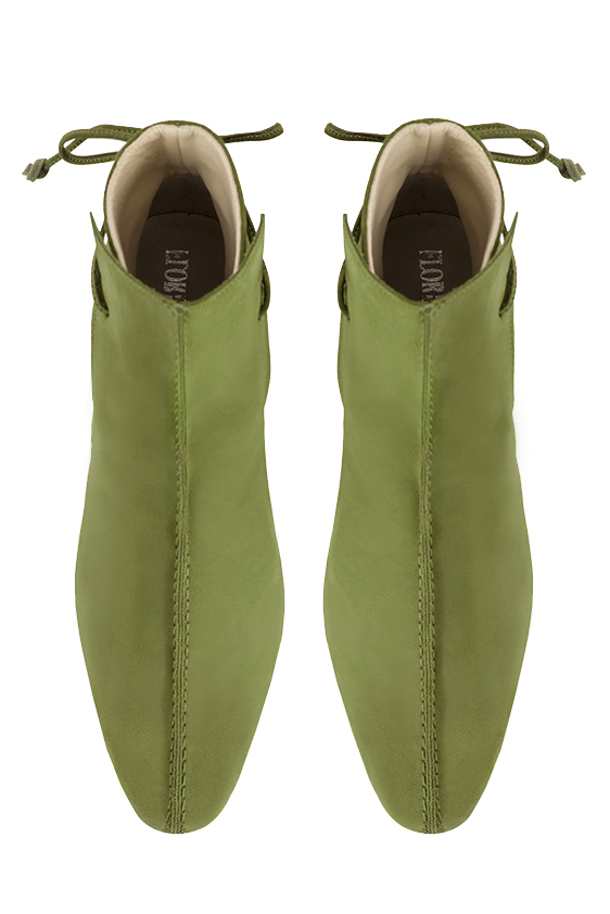 Pistachio green women's ankle boots with laces at the back. Round toe. Low block heels. Top view - Florence KOOIJMAN